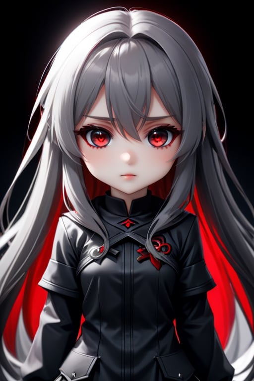 evil chibi girl long hair grey, red eyes, shy and beautiful, hd 4k anime girl. dark atmospher
