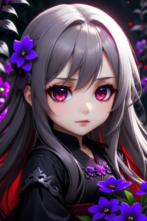 evil chibi girl long hair grey, red eyes, shy and beautiful, hd 4k anime girl. dark atmospher, purple flowers everywhere

