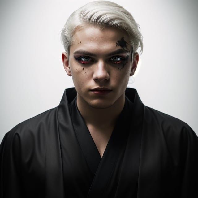 portrait of a evil young man, he has white hair, red eyes, like album cover of a metal band.he wears a black kimono, Hyper realistic, masterpiece, etheral atmospheric, High resolution, Vibrant, High contrast, 8k, HDR,, he kill someone, determined eyes, evil, portrait in the landscape, makeup black around his eyes. 