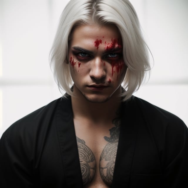 portrait of a evil young man, he has white hair, red eyes, he has blood on his face, like album cover of a metal band.he wears a black kimono, Hyper realistic, masterpiece, etheral atmospheric, High resolution, Vibrant, High contrast, 8k, HDR,, he kill someone, determined eyes, evil, portrait in the landscape, makeup black around his eyes. 