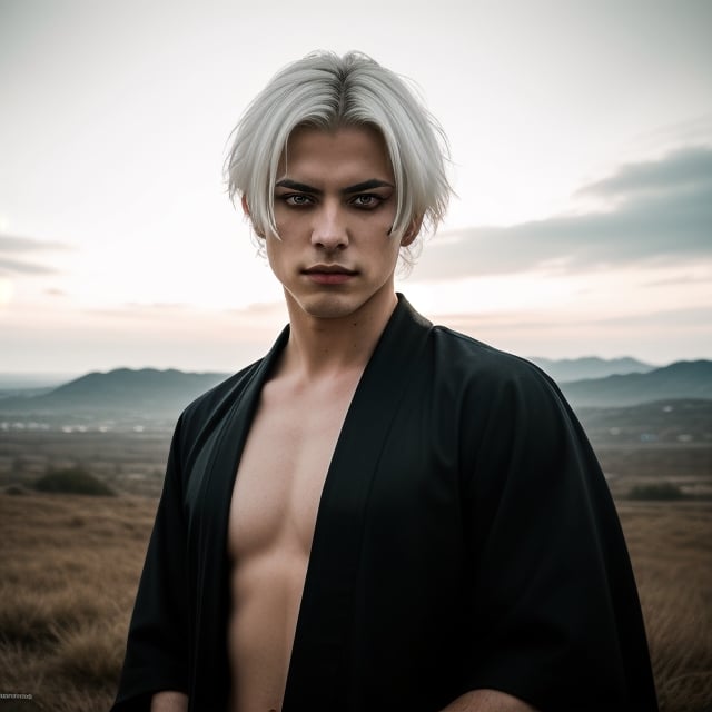 portrait of a evil young man, he has white hair, red eyes, like album cover of a metal band.he wears a black kimono, Hyper realistic, masterpiece, etheral atmospheric, High resolution, Vibrant, High contrast, 8k, HDR,, he kill someone, determined eyes, evil, portrait in the landscape, makeup black around his eyes. 