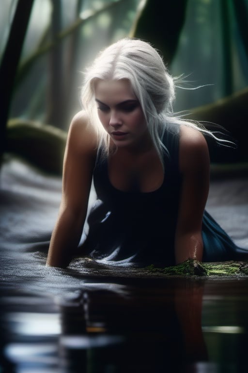 flirting with the dark side, pale skinned woman crawling out of muddy swamp, white flowing hair, light play, shadows dancing, cinematic, Film light, Hyper detailed, epic, Hyper realistic, masterpiece, etheral atmospheric, High resolution, Vibrant, High contrast, 8k, HDR