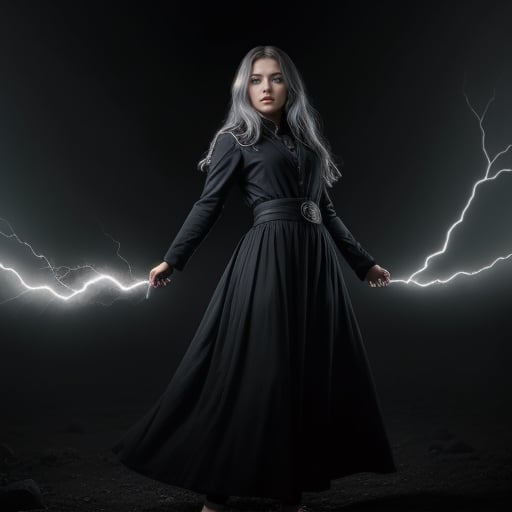 one girl long hair, grey hair, blue eyes, she have a long dress black, she have a lot of power, she has powers around her hands and she doesn't seem to control them at all. she has yellow lightning coming out of her hands. plunged into darkness. chaos everywhere Hyper realistic, masterpiece, etheral atmospheric, High resolution, Vibrant, High contrast, 8k, HDR, in naruto universe