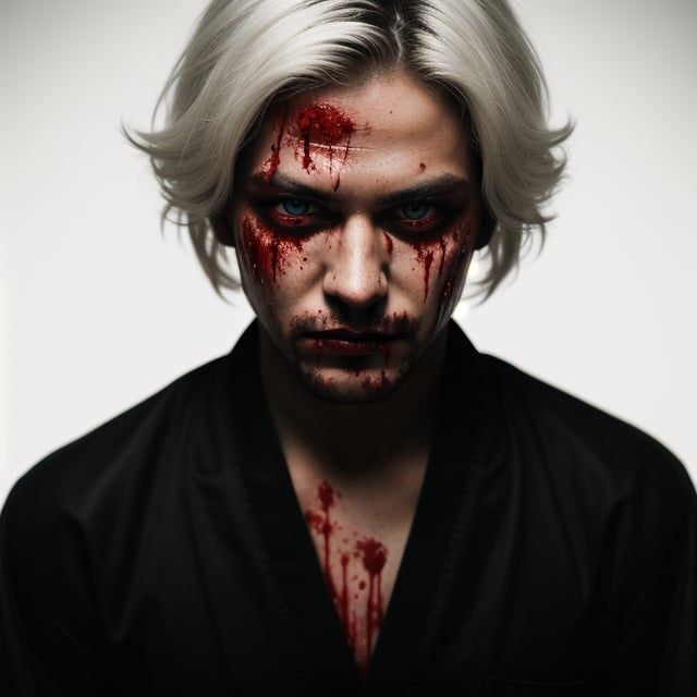 portrait of a evil young man, he has white hair, red eyes, he has blood on his face, he has just killed someone, like album cover of a metal band.he wears a black kimono, Hyper realistic, masterpiece, etheral atmospheric, High resolution, Vibrant, High contrast, 8k, HDR,, he kill someone, determined eyes, evil, horror, blood everywere, portrait in the landscape, makeup black around his eyes. 