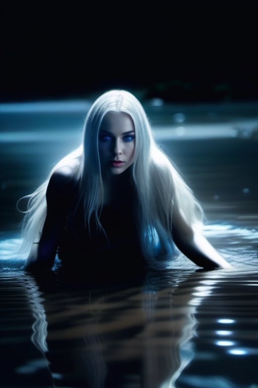 flirting with the dark side, pale skinned woman crawling out of muddy swamp, white flowing very long hair, blue epic eyes, light play, shadows dancing, cinematic, Film light, Hyper detailed, epic, Hyper realistic, masterpiece, etheral atmospheric, High resolution, Vibrant, High contrast, 8k, HDR