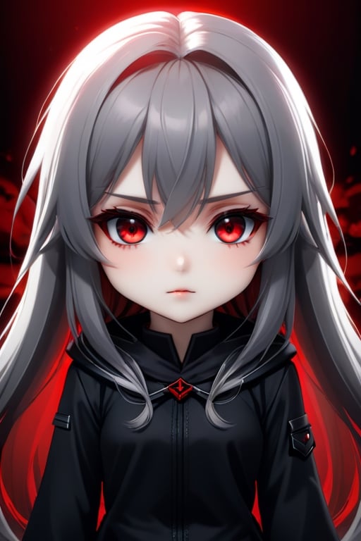 evil chibi girl long hair grey, red eyes, shy and beautiful, hd 4k anime girl. dark atmospher
