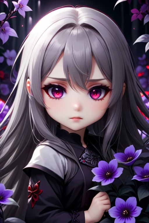 evil chibi girl long hair grey, red eyes, shy and beautiful, hd 4k anime girl. dark atmospher, purple flowers everywhere

