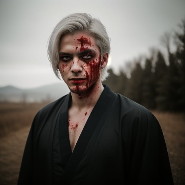 portrait of a evil young man, he has white hair, red eyes, he has blood on his face, he has just killed someone, like album cover of a metal band.he wears a black kimono, Hyper realistic, masterpiece, etheral atmospheric, High resolution, Vibrant, High contrast, 8k, HDR,, he kill someone, determined eyes, evil, horror, blood everywere, portrait in the landscape, makeup black around his eyes. 