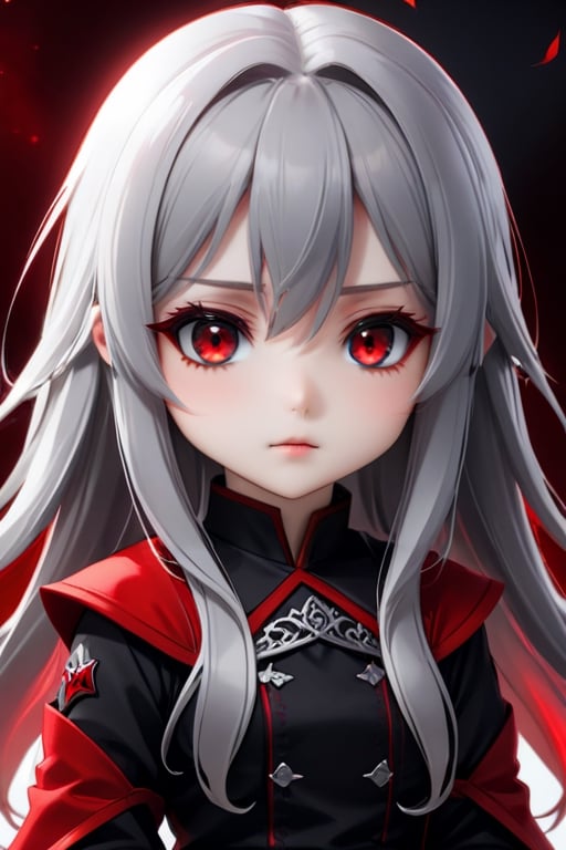 evil chibi girl long hair grey, red eyes, shy and beautiful, hd 4k anime girl. beautiful atmospher 