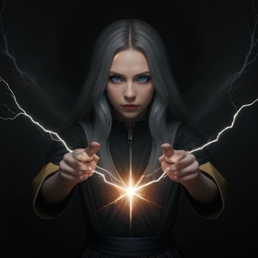 one girl long hair, grey hair, blue eyes, she have a long dress black, she have a lot of power, she has powers around her hands and she doesn't seem to control them at all. she has yellow lightning coming out of her hands. plunged into darkness. chaos everywhere Hyper realistic, masterpiece, etheral atmospheric, High resolution, Vibrant, High contrast, 8k, HDR, in naruto universe