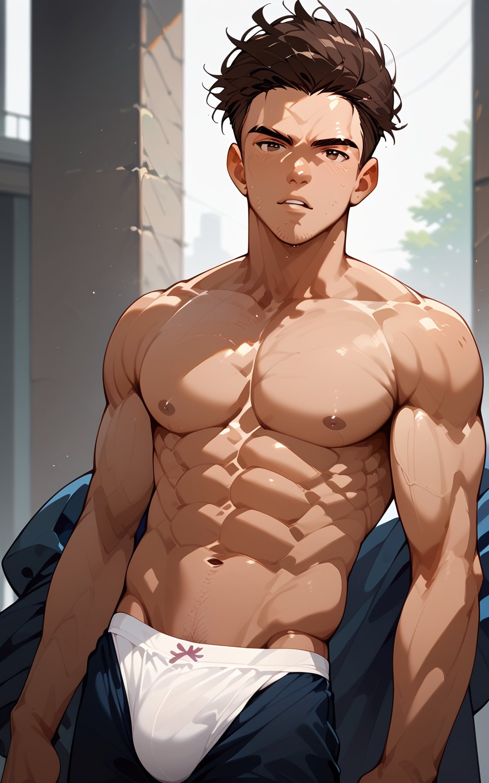 score_9, score_8_up, score_7_up,man, looking at viewer,short hair,brown hair,black hair,navel,underwear,parted lips,pants,pectorals,realistic,stubble,male underwear