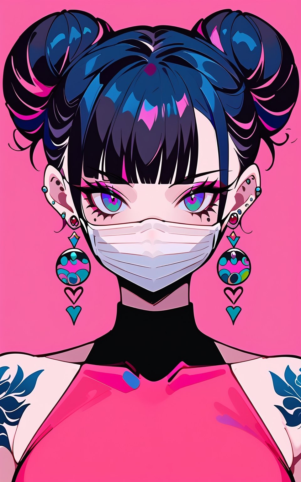 score_9,score_8_up,score_7_up, 1girl,looking at viewer,bangs,blue eyes,simple background,black hair,bare shoulders,jewelry,blue hair,collarbone,pink hair,multicolored hair,earrings,sleeveless,blunt bangs,hair bun,two-tone hair,double bun,tattoo,makeup,mask,piercing,pink background,ear piercing,portrait,eyeshadow,mouth mask