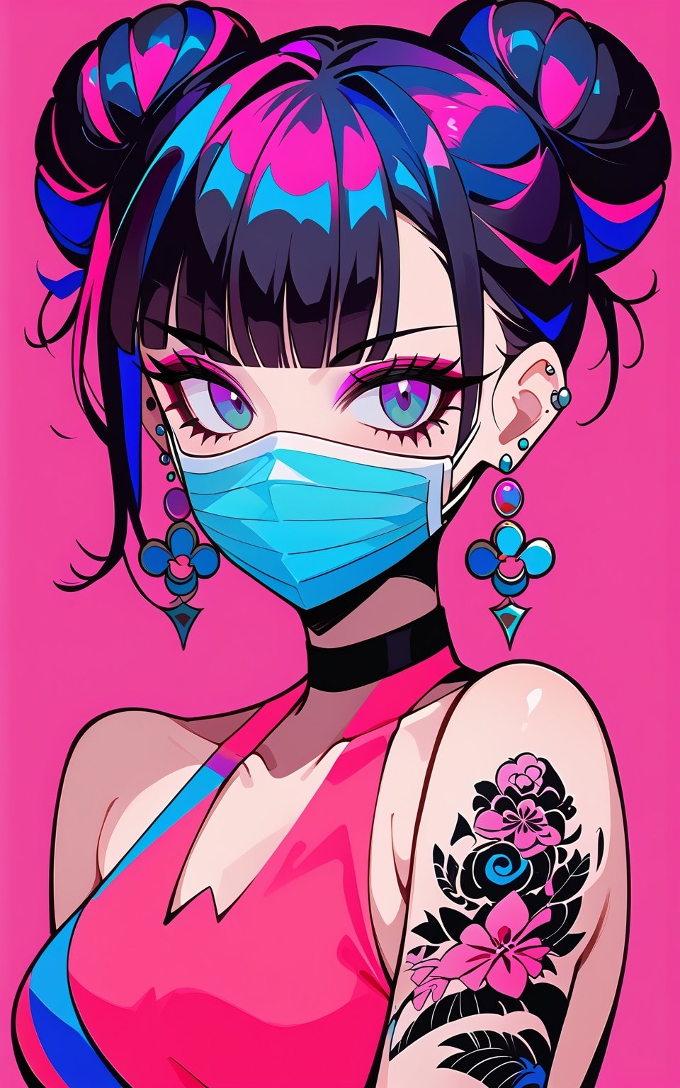 score_9,score_8_up,score_7_up, 1girl,looking at viewer,bangs,blue eyes,simple background,black hair,bare shoulders,jewelry,blue hair,collarbone,pink hair,multicolored hair,earrings,sleeveless,blunt bangs,hair bun,two-tone hair,double bun,tattoo,makeup,mask,piercing,pink background,ear piercing,portrait,eyeshadow,mouth mask