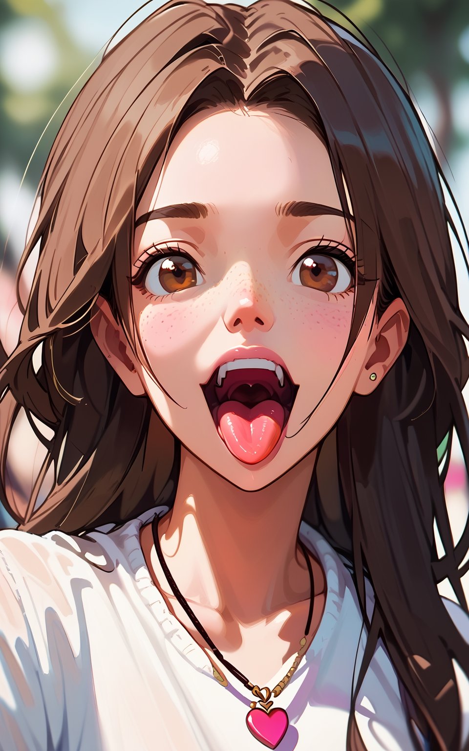 score_9,score_8_up,score_7_up, 1girl,long hair,looking at viewer,open mouth,brown hair,shirt,brown eyes,jewelry,white shirt,heart,teeth,tongue,tongue out,necklace,depth of field,blurry background,portrait,freckles,realistic