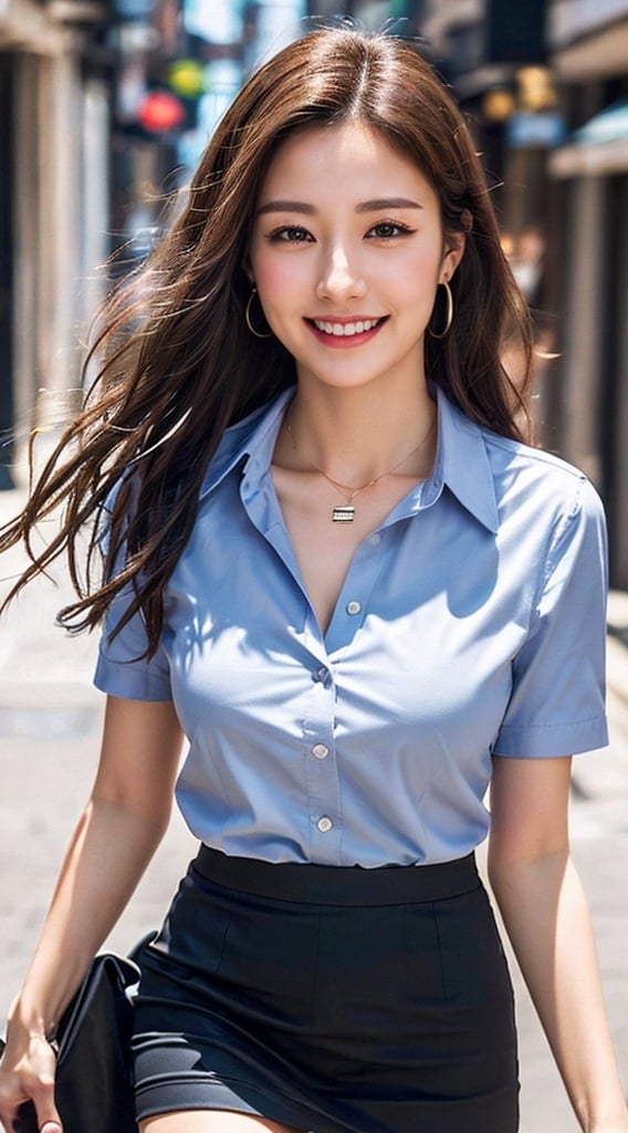 (photorealistic, masterpiece, best quality, highly detailed), ((1 beautiful business woman)), asian girl, large-sized breasts, beautiful face, beautiful eyes, smiling, medium-lengh light-brown bob hair, detailed face, detailed eyes, earrings, necklace, wearing short-sleeved business blouse, (black mini-skirt), beautiful long legs, realistic detailed skin texture, detailed hair, walking on a street, 8k resolution, close-up portrait, sharp-focus