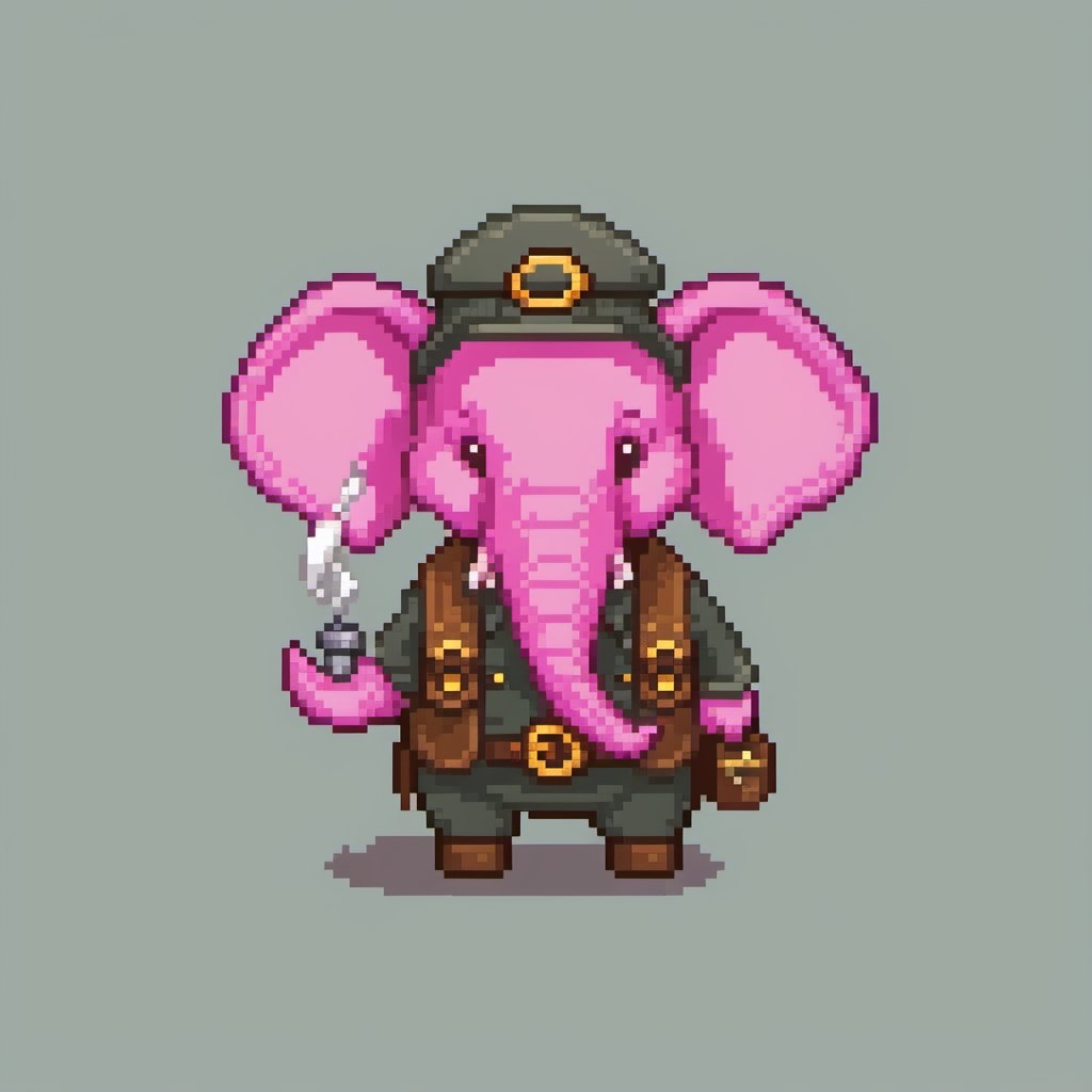 pixel art, cartoon pink elephant in adventurer outfit and wearing a skullcap, smoking the pipe.