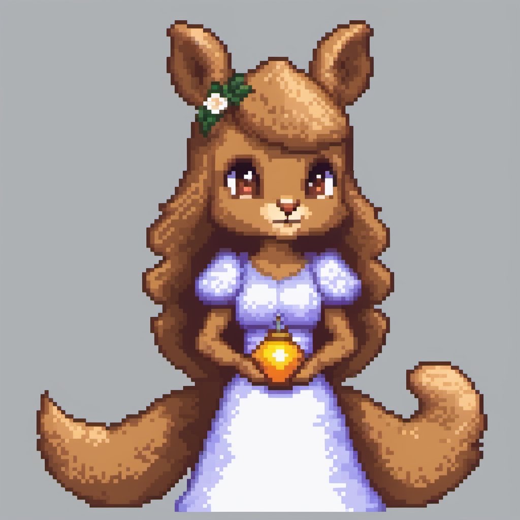 pixel art, semi-realistic cartoon female squirel wearing summer_dress with psychic_powers.