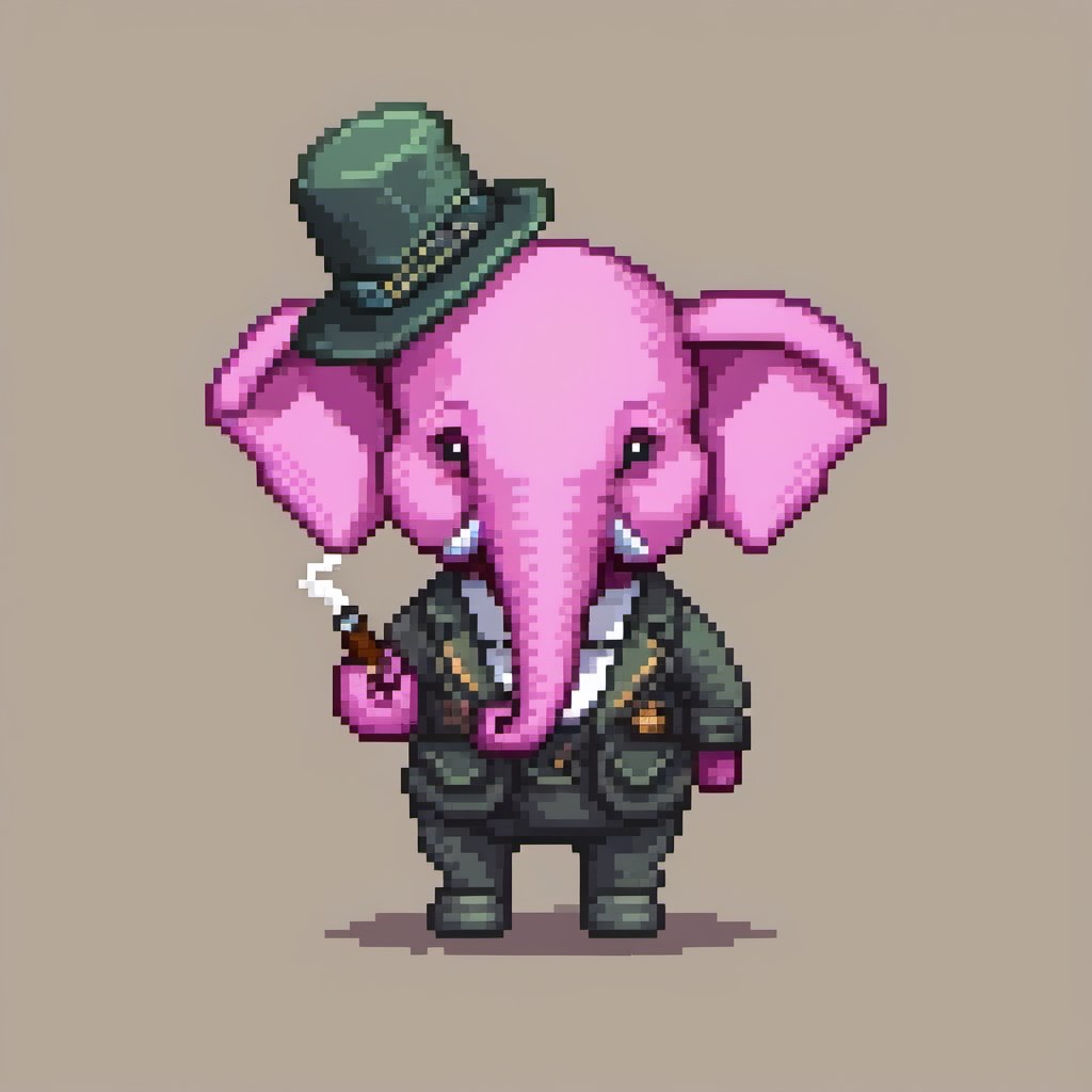 pixel art, cartoon pink elephant in adventurer outfit and wearing a skullcap, smoking the pipe, sideview.