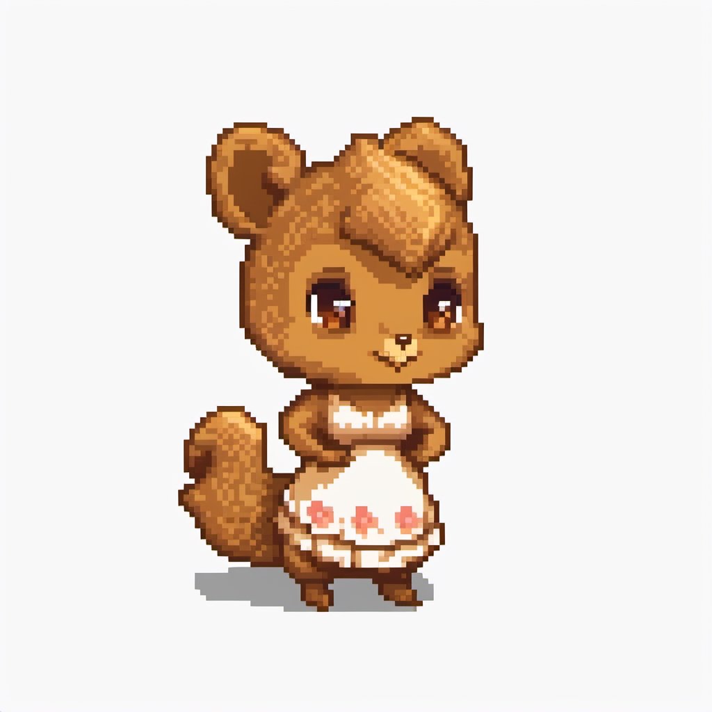 pixel art, cartoon female squirel wearing summer_dress and practicing to be medium.