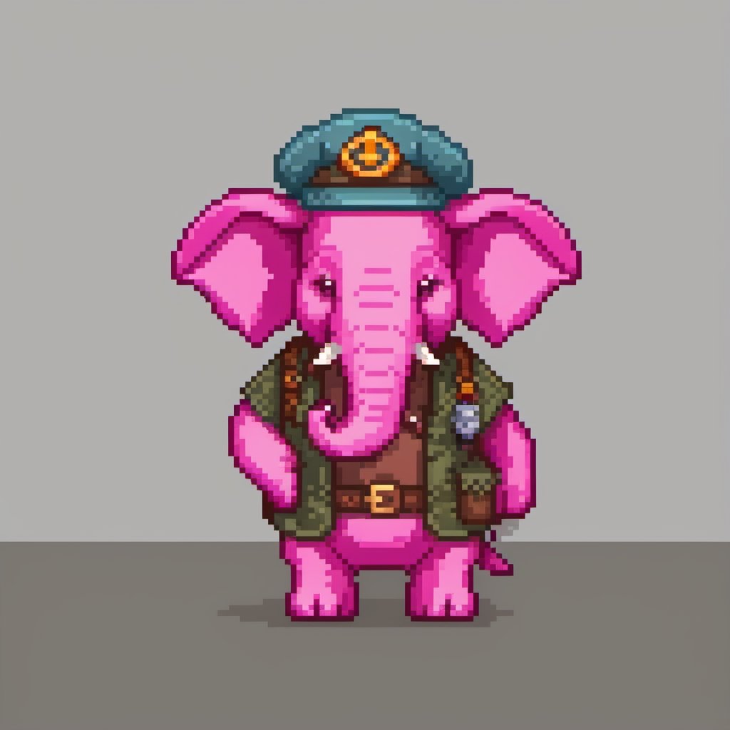 pixel art, cartoon pink elephant in adventurer outfit and wearing a skullcap, smoking the pipe.