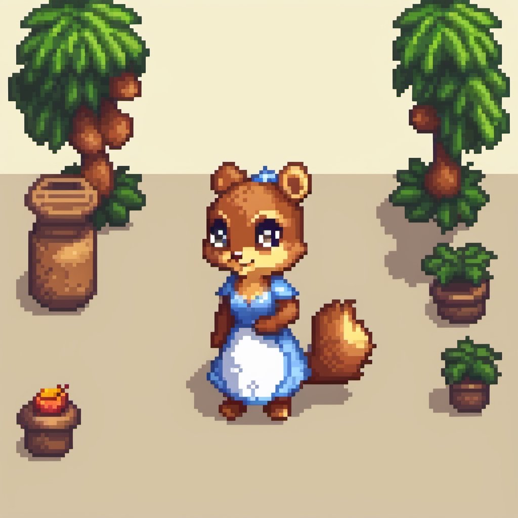 pixel art, cartoon female squirel wearing summer_dress and practicing to be medium.