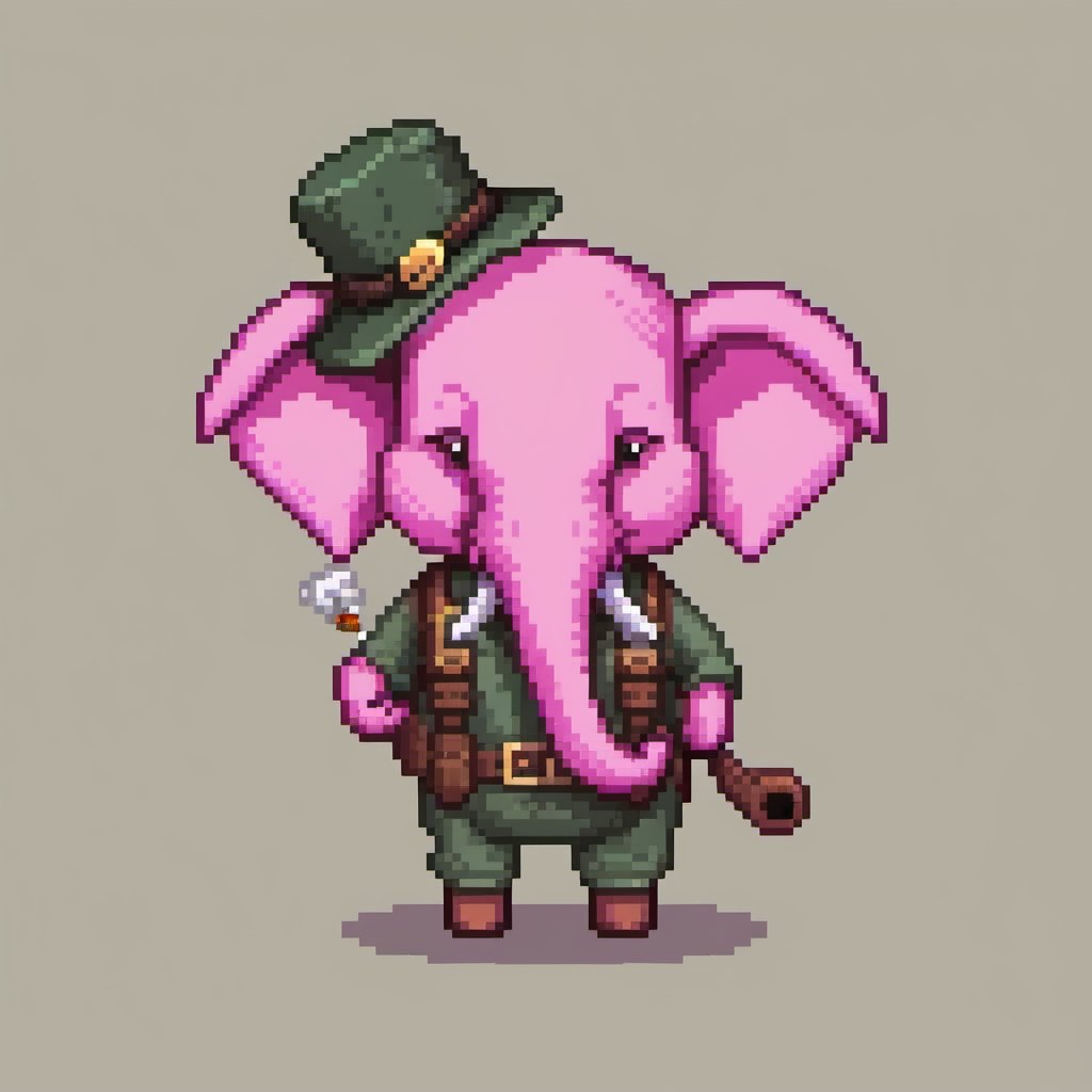 pixel art, cartoon pink elephant in adventurer outfit and wearing a skullcap, smoking the pipe.