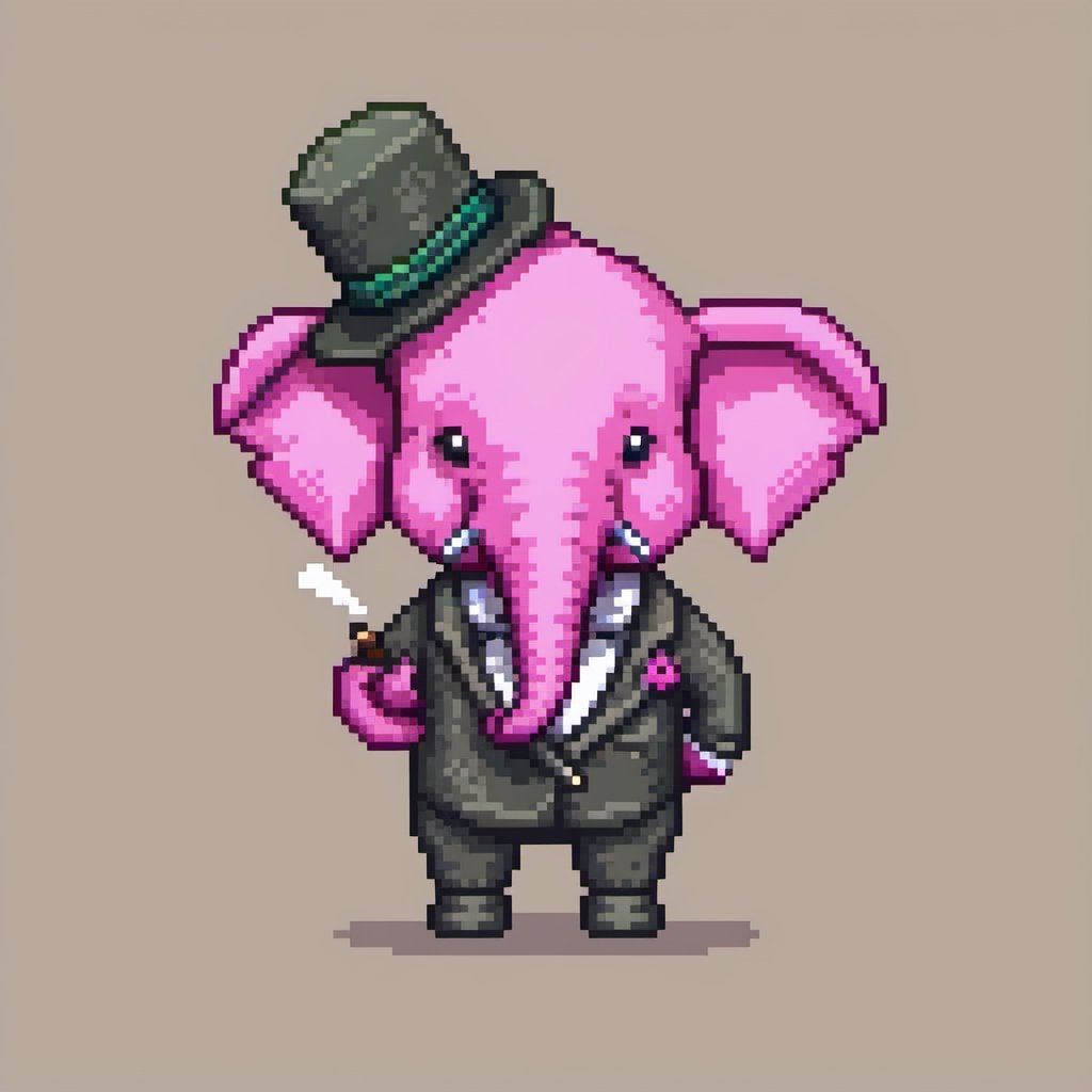 pixel art, cartoon pink elephant in adventurer outfit and wearing a skullcap, smoking the pipe.