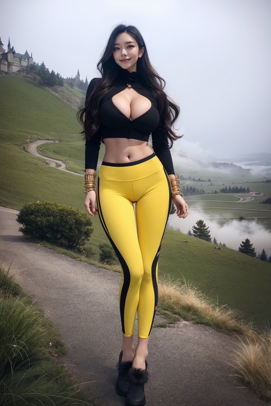 RAW photo, masterpiece, best quality, absurdres, 8K, super fine, best_lighting, (outdoors, gothic_castle perched on a misty hilltop:1.3), (wonderland:1.2), fantasy_world, 
BREAK
28 years old woman, (stylish pose, standing, leaning:1.5), (mature:1.3), beautiful woman,
BREAK
elegant_prostitute, (seductive smile:1.2), (long_wavy_hair:1.2), huge breasts, cleverage
BREAK
(yellow_leggings:1.3), (cropped blazer of black:1.3), (fluffy ornaments, luxury style:1.2), (furry_cuffs, furry_anklet:1.5), asian girl, 1girl, eungirl