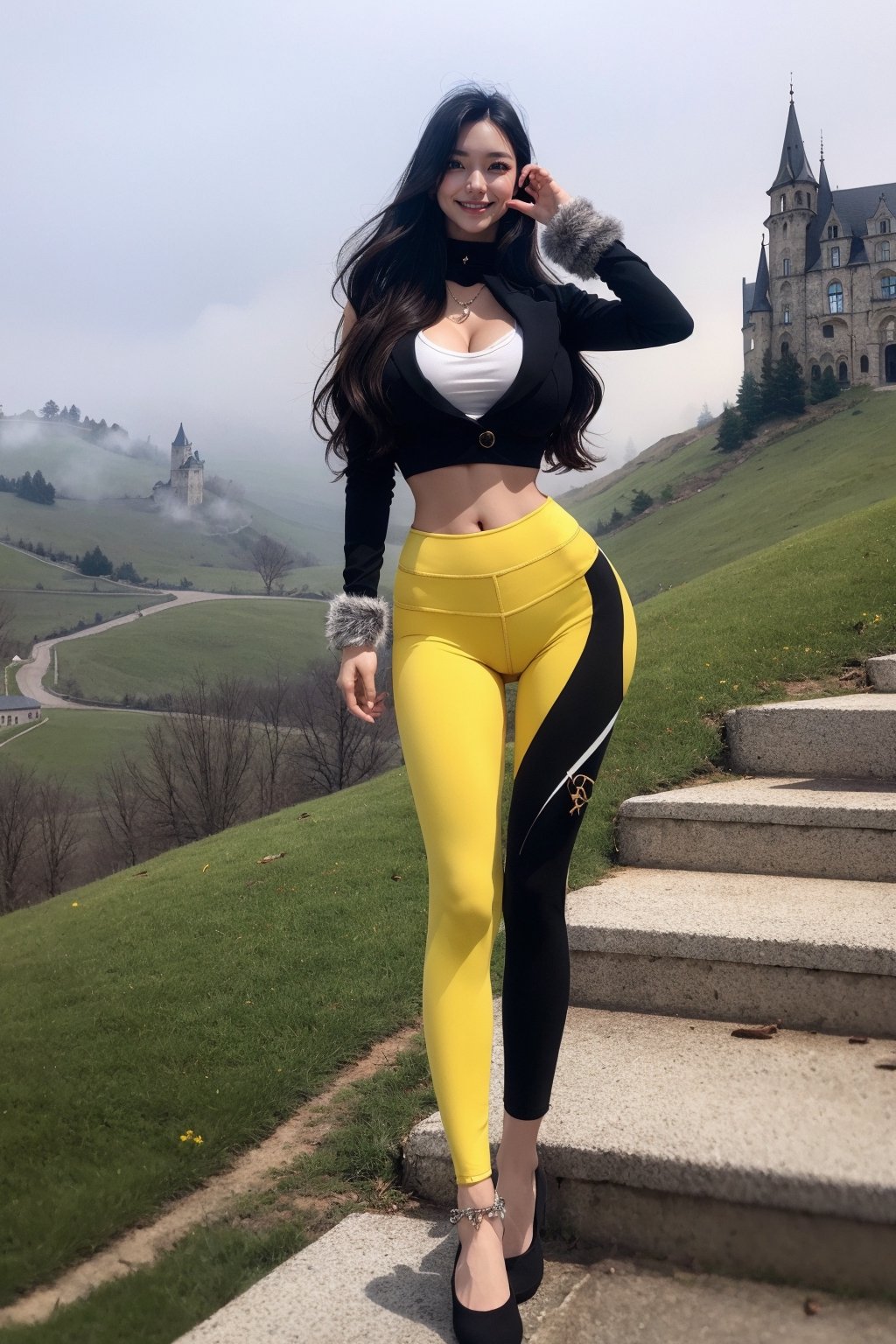 RAW photo, masterpiece, best quality, absurdres, 8K, super fine, best_lighting, (outdoors, gothic_castle perched on a misty hilltop:1.3), (wonderland:1.2), fantasy_world, 
BREAK
28 years old woman, (stylish pose, standing, leaning:1.5), (mature:1.3), beautiful woman,
BREAK
elegant_prostitute, (seductive smile:1.2), (long_wavy_hair:1.2), huge breasts, cleverage
BREAK
(yellow_leggings:1.3), (cropped blazer of black:1.3), (fluffy ornaments, luxury style:1.2), (furry_cuffs, furry_anklet:1.5), asian girl, 1girl, eungirl