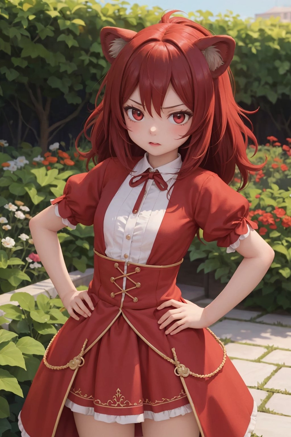 Masterpiece, best_quality, intricate_details, 1girl, cute, loli, young, red_eyes, red_hair, lion_ears, lion_tail, glaring, hands_on_hips, fluffy_hair, regal_outfit, garden