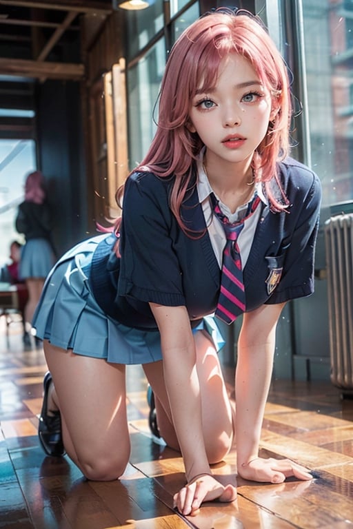 woman,  (school uniform), (, (high-low_skirt),  colorful, blue theme, exposure blend, bokeh,  (hdr:1.4),  high contrast,  (cinematic,  teal and orange:0.85),  (muted colors,  dim colors,  soothing tones:1.3),  low saturation, motiontrail, jeongyeon, (pink_hair), (gigantic_breasts), full_body, (Whole_body_from_far_away),  (extremely_long_hair),  (top-down_bottom-up), microskirt,  high-low_skirt,  (in school),  all-fours,  leaning_forward, head on the floor,