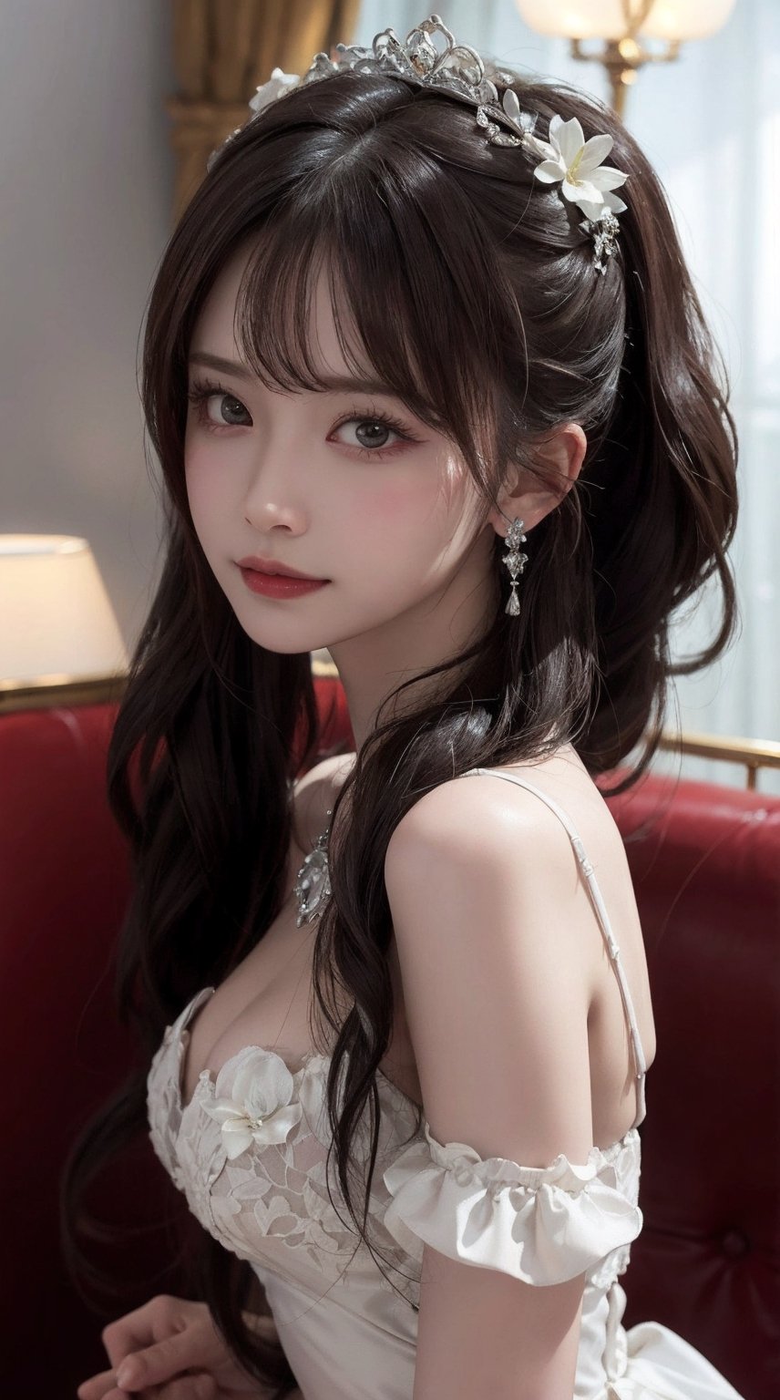 (best quality,masterpiece:1.2, photorealistic:1.4, highly detailed), 1 girl, in her 20s, detailed beautiful face, smile, detailed beautiful eyes, light-brown Ponytail hair, wearing a fashionable white dress, looks like a princess, cleavage, hair ornament, earrings, realistic detailed skin texture, detailed hair, at hotel lounge, at night, sharp focus, upper-body portrait, asian girl,s1nt1a,kaede,TinkerWaifu,High detailed ,monochrome,sketch,kristinapimenova,b3rli,zzenny_n,jiae,danielle,hf_Alexandra_Nagy-20,ellafreya,mikana_yamamoto