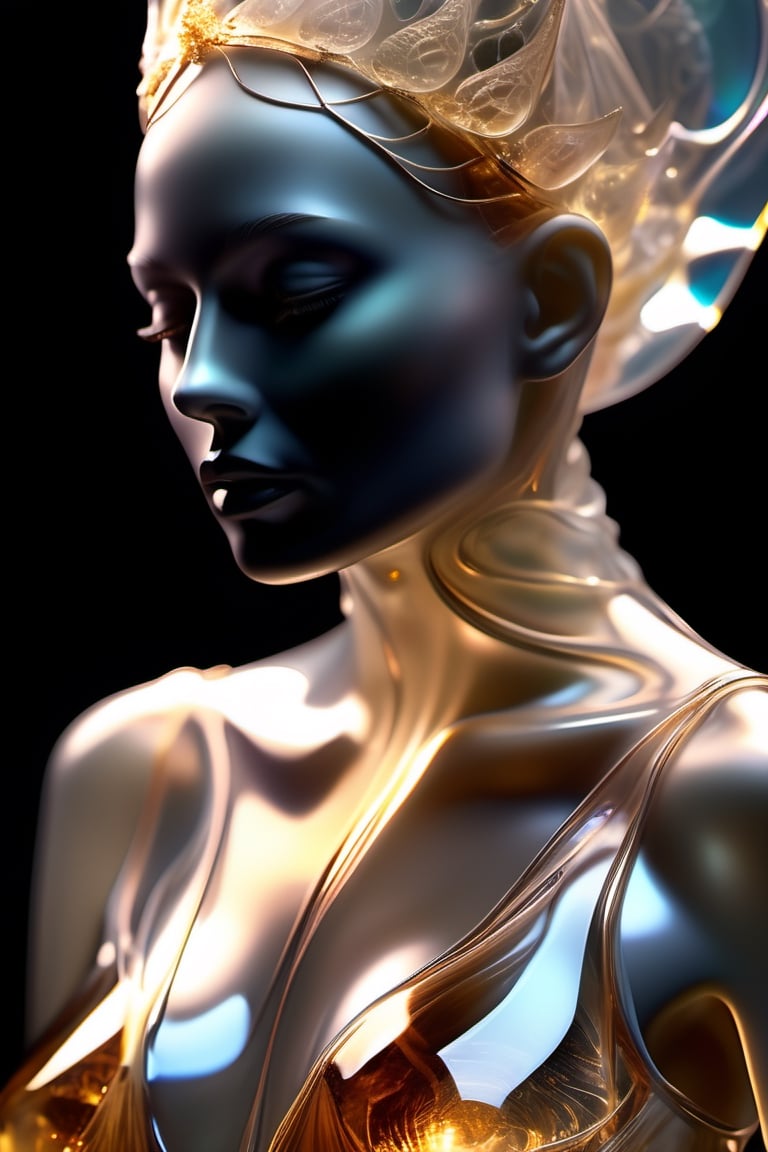 8K, HDR, (cinematic composition:1.3), ultra highres, Professional photography of a glass woman, (((full body))),her face is ultrarealistic and hyperdetailed showing beautiful hazel eyes, her hair is tied to the top of her head, her body is made of translunce clear seethrough glass with intricate smoke swirling inside of her translucent glass-body, glowing translucent glass fractal elements, work of beauty and complexity, gloomy background, soft studio lighting, golden ratio,a close up of a statue of a woman, digital art, inspired by tomasz alen kopera, gothic art, intricate skeletal decorations, smoke trapped inside her translucent-glass-body, dynamic pose , black background, with a clear mesh covering one's face,DonMC3l3st14l3xpl0r3rsXL