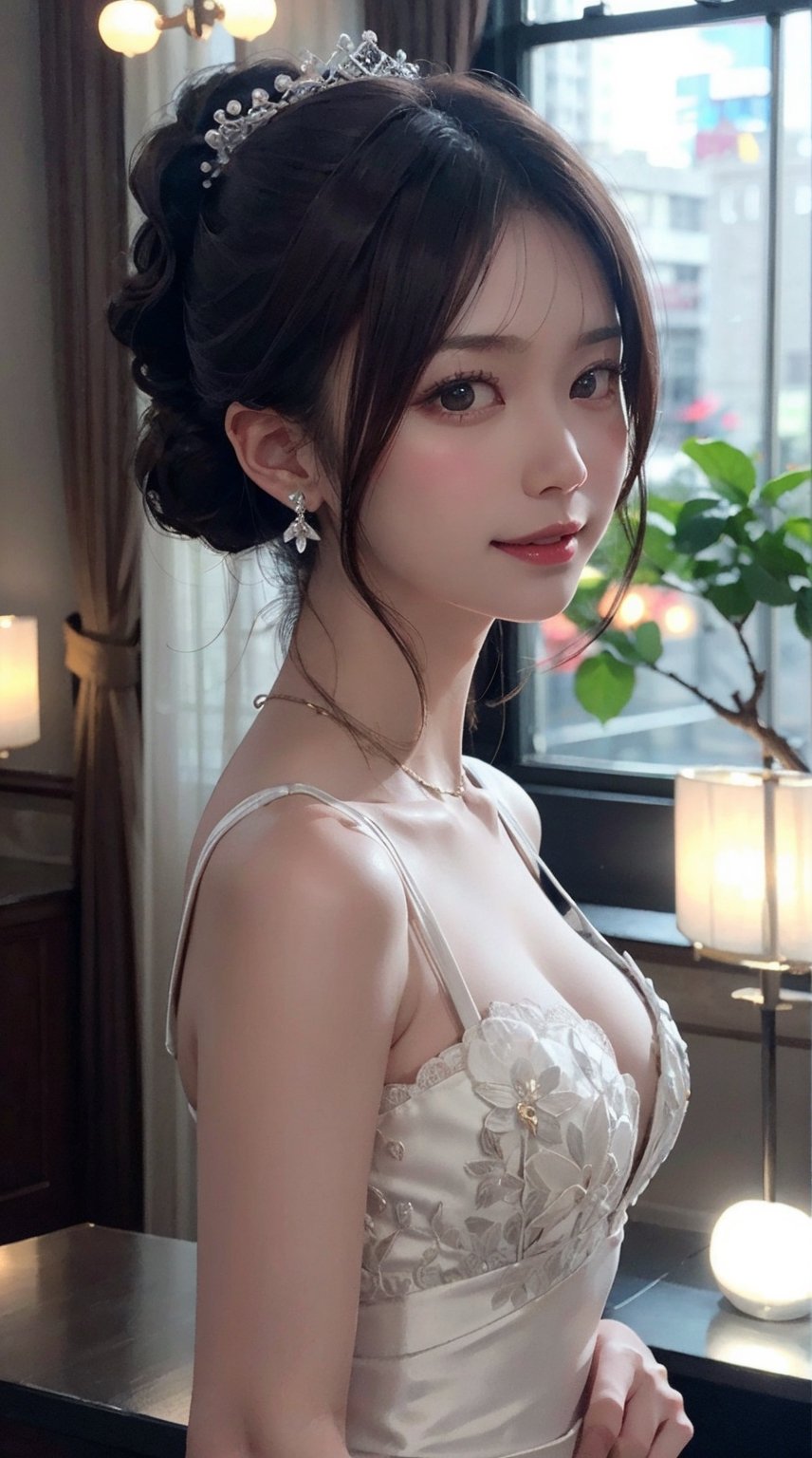 (best quality,masterpiece:1.2, photorealistic:1.4, highly detailed), 1 girl, in her 20s, detailed beautiful face, smile, detailed beautiful eyes, light-brown Ponytail hair, wearing a fashionable white dress, looks like a princess, cleavage, hair ornament, earrings, realistic detailed skin texture, detailed hair, at hotel lounge, at night, sharp focus, upper-body portrait, asian girl,s1nt1a,kaede,TinkerWaifu,High detailed ,monochrome,sketch,kristinapimenova,b3rli,zzenny_n,jiae,danielle,hf_Alexandra_Nagy-20,ellafreya,mikana_yamamoto,,asian girl,blurry_light_background