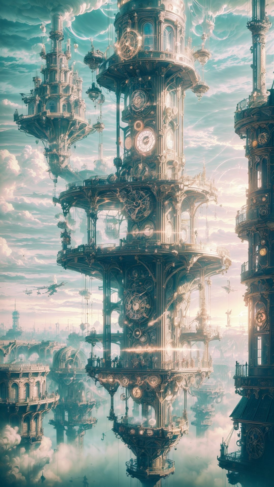 (masterpiece, intricate, official art:1.3), (steampunk city in the sky:1.2), (majestic airship:1.2), (gears and pistons:1.1), (billowing smokestacks:1.2), (brass and copper machinery:1.1), (elaborate clockwork mechanisms:1.2), (whirring propellers:1.1), (rooftop gardens:1.2), (magnificent flying zeppelins:1.1), (vivid, blue sky:1.2), (floating islands:1.1), (balconies with wrought iron railings:1.2), (top hats and goggles:1.1), (dapper adventurers:1.2), (flight crews in leather jackets:1.1), (heroic captain at the helm:1.2), (mysterious air pirates:1.1), (floating market stalls:1.2), (crowded streets:1.1), (mechanical animals:1.2), (steam-powered robots:1.1), (whimsical steam-powered transportation:1.2), (gear-shaped clouds:1.1), (suspended walkways and bridges:1.2), (acrobatic aerial performances:1.1), (grand clock towers:1.2), (ornate stained glass windows:1.1), (sense of adventure:1.2), (awe-inspiring vistas:1.1), (blend of Victorian and futuristic elements:1.2), (brilliant sunsets:1.1), (feeling of freedom and exploration:1.2), (captivating sense of motion:1.1), (vibrant, warm colors:1.2), (timeless steampunk aesthetic:1.1).,carthagetech