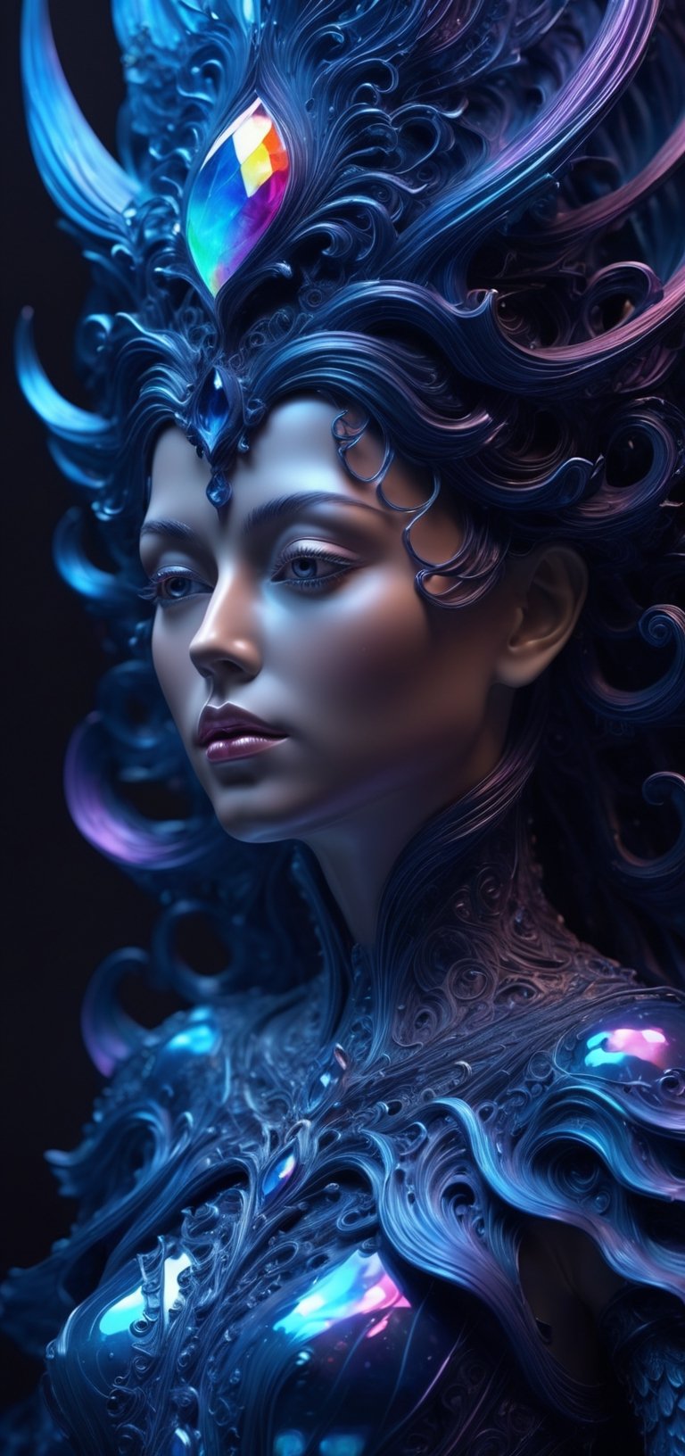 a close up of a statue of a woman, digital art, inspired by tomasz alen kopera, gothic art, intricate skeletal decorations, 8 k highly detailed, beautiful elegant demon queen, intricate body, beautiful detail and color, sylvain sarrailh and igor morski, intricate costume design, detailed body, ultra detailed artistic abstract photography of liquid lust, detailed captivating eyes on molten statue, asymmetrical, gooey liquid hair, highly refractive skin, Digital painting, colorful, volumetric lighting, High definition, detailed, realistic, 8k uhd, high quality