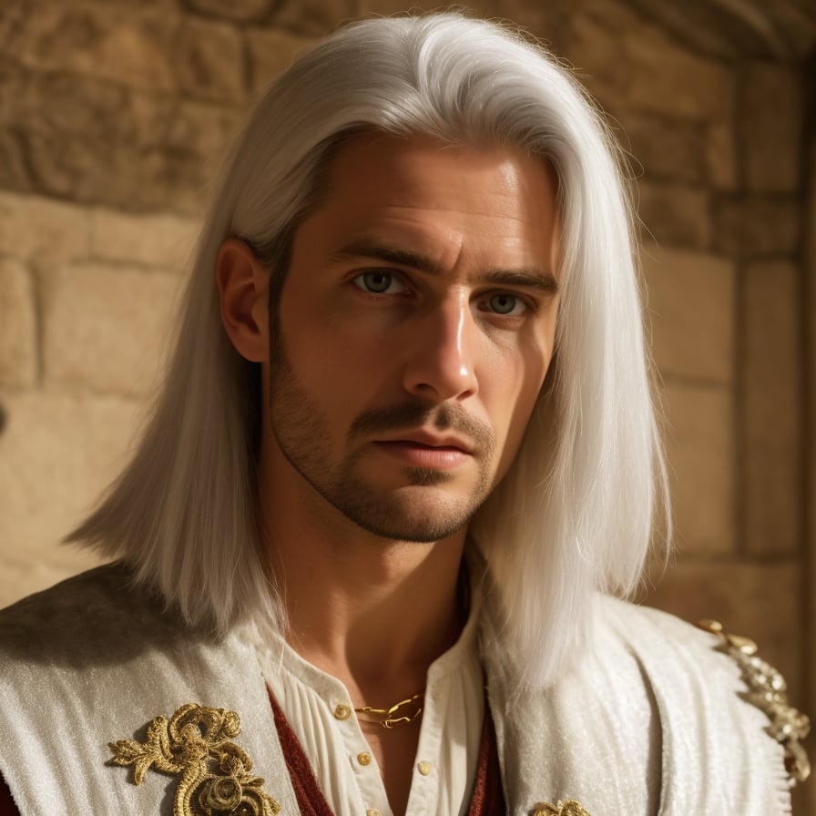 (ultraquality)), ((masterpiece)), ((medieval)), (detailed eyes), ((detailed face)), ((volumetric light)), (black eyebrows:1.1), (pale skin:1.2), portrait of a man, (close-up portrait:1.2), realistic, A twenty years old man with pale skin and straight white hair, a man with long shoulder-length white straight hair, skance stern looks, (long narrow aquiline nose:1.3), well-cut lips, (full heart shaped lips:1.3), (arched eyebrows:1.3), (pale blue eyes:1.2), (portrait of Gerard Butler:0.6), (Tom Glynn-Carney lips:1.3), (maximilian osinski:0.5), white gemstones inserts, medieval light silver armor with few gold patterns, (yellow and red suede vest:1.3), (silver fabric cloak:1.2), looking straight, sitting in medieval beige stone council room, interacts, keeps his hands on the table in front of him, realistic, high detailed, aesthetic shot, early medieval, (male detailed hands:1.1), (gold bracelet with lions:1.2), (golden edges of vest:1.2), (sharp straight nose:1.3), (Tom Glynn-Carney eyes:1.4), (short epicanthus:1.3), (dimple on the chin:1.3), (narrow nose:1.3), (bristle:1.6), (plump lips:1.3), (heart shaped lips:1.3), (thin face shape:1.2), (almond-shaped eyes:1.2),, (a wide jaw:1.3), (high cheekbones:1.3), (Aquiline nose:1.3), 