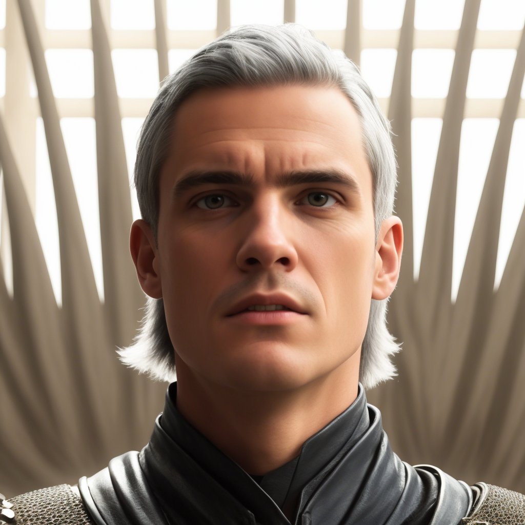 (ultraquality)), ((masterpiece)), ((medieval)), (detailed eyes), ((detailed face)), ((volumetric light)), (natural eyebrows:1.1), (pale skin:1.2), portrait of a man, (close-up portrait:1.2), realistic, A thirty years old man with pale skin and straight short white hair thrown back, (looking down:1.2), large build, broad shoulders, pumped up man, wear medieval male black outfit, black leather inserts, silver armor, a king, a warrior, smirk, hard look, medieval series inspired, medieval movie screencaps, realistic shot, from afar, half-body, high detailed, (ultraquality)), ((masterpiece)), ((medieval)), (detailed eyes), ((detailed face)), ((volumetric light)), natural eyebrows, (pale skin:1.2), (close-up portrait:1.2), (round mesmerizing eyes), (Tom Glynn-Carney portrait:0.5), (thin face shape:1.2), (Tom Glynn-Carney eyes and eyebrows:1.3), (squinted eyes:0.7), (rounded eyebrows:1.3), (almond-shaped eyes:1.2), (short epicanthus:1.3), (Aquiline straight nose:1.3), (dimple on the chin:1.3), (long narrow nose:1.3), (Matt Smith:0.7), (wide bridge of the nose:1.3), (sks woman nose:1.3), (black eyebrows:1.3), (high cheekbones:1.3),  (a wide jaw:1.3), (bristle:1.6), (plump lips:1.3), (lantern jaws:1.2), (wide lips:1.3), 