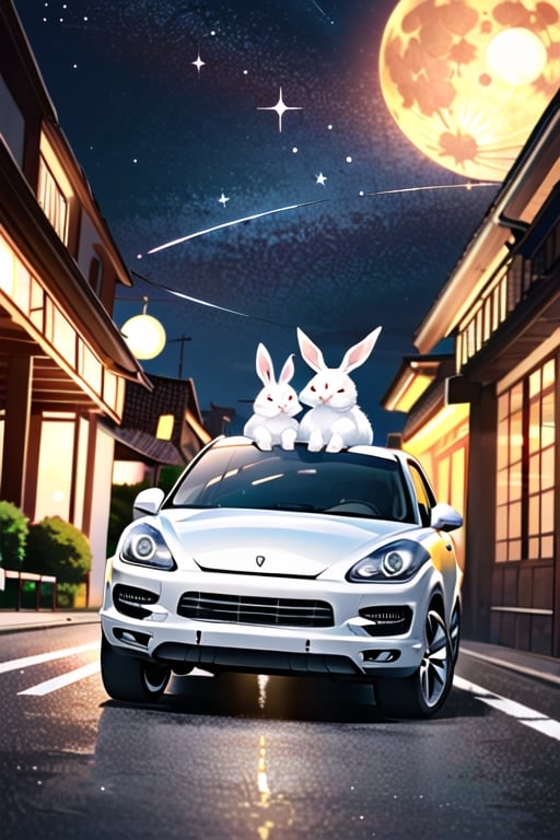 mid-autumn festival poster,  a (cute little girl and a rabbit) are sitting on the roof of white Porsche Cayenne in china enjoying the moon with lanterns placed next to them , (white Porsche Cayenne) ,(5 rabbits) are running on the road, the big moon on the star sky