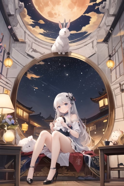 mid-autumn festival poster,  a cute little girl ans a rabbit are sitting on the roof of the forbidden city in china enjoying the moon with lanterns placed next to white Porsche Cayenne,white Porsche Cayenne