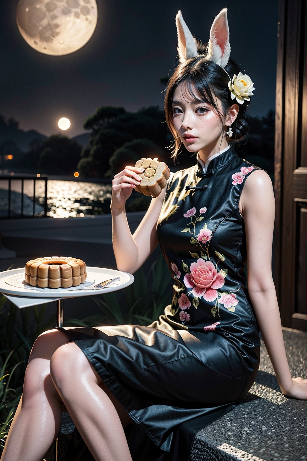 There is a full moon in the night sky. Under the moon is a girl wearing rabbit ears, wearing Chinese clothing and a gorgeous red flower hairpin in her hair. She is sitting on a stone and eating moon cakes. There is a marble table in the lower middle, which is filled with desserts, moon cakes, cakes, drinks, barbecue and snacks. The whole picture has a warm style, high-definition quality, delicate and realistic painting style, master-level texture, and studio-like lighting effects, full body,(((moon cakes))),Chinese cakes, many  Chinese cakes