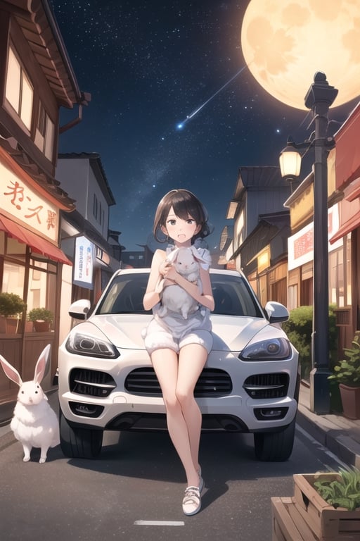 a girl hold a white rabbit, best quality