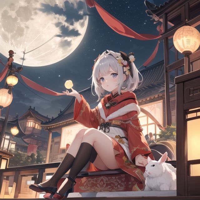 mid-autumn festival poster,  a cute little girl ans a rabbit are sitting on the roof of the forbidden city in china enjoying the moon with lanterns placed next to them,white Porsche Cayenne