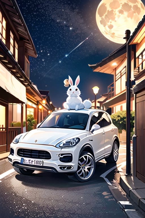 mid-autumn festival poster,  a (cute little girl and a rabbit) are sitting on the roof of white Porsche Cayenne in china enjoying the moon with lanterns placed next to them , (white Porsche Cayenne) ,(5 rabbits) are running on the road, the big moon on the star sky