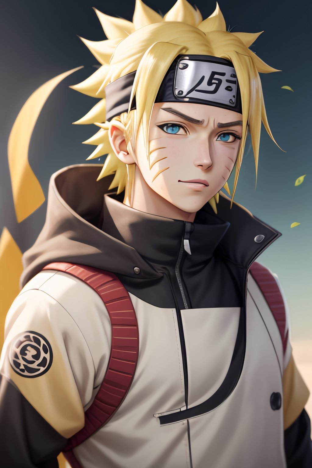 "Imagine Naruto Uzumaki as a real person. He should have spiky, sun-kissed blonde hair, bright blue eyes filled with determination, and three distinctive whisker-like marks on each cheek. He should be dressed in ninja attire with a headband bearing the Konoha leaf village symbol. His overall appearance should convey his youthful energy and determination."