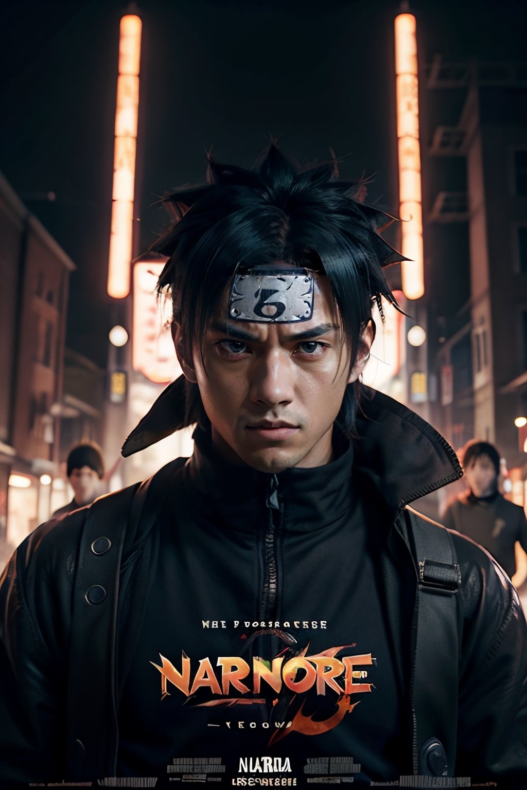 "Create an epic movie poster for a live-action adaptation of the Naruto anime, featuring a dynamic and action-packed scene with Naruto Uzumaki in the foreground, surrounded by other key characters like Sasuke, Sakura, and Kakashi. The poster should capture the essence of the ninja world with dramatic lighting and a captivating tagline."