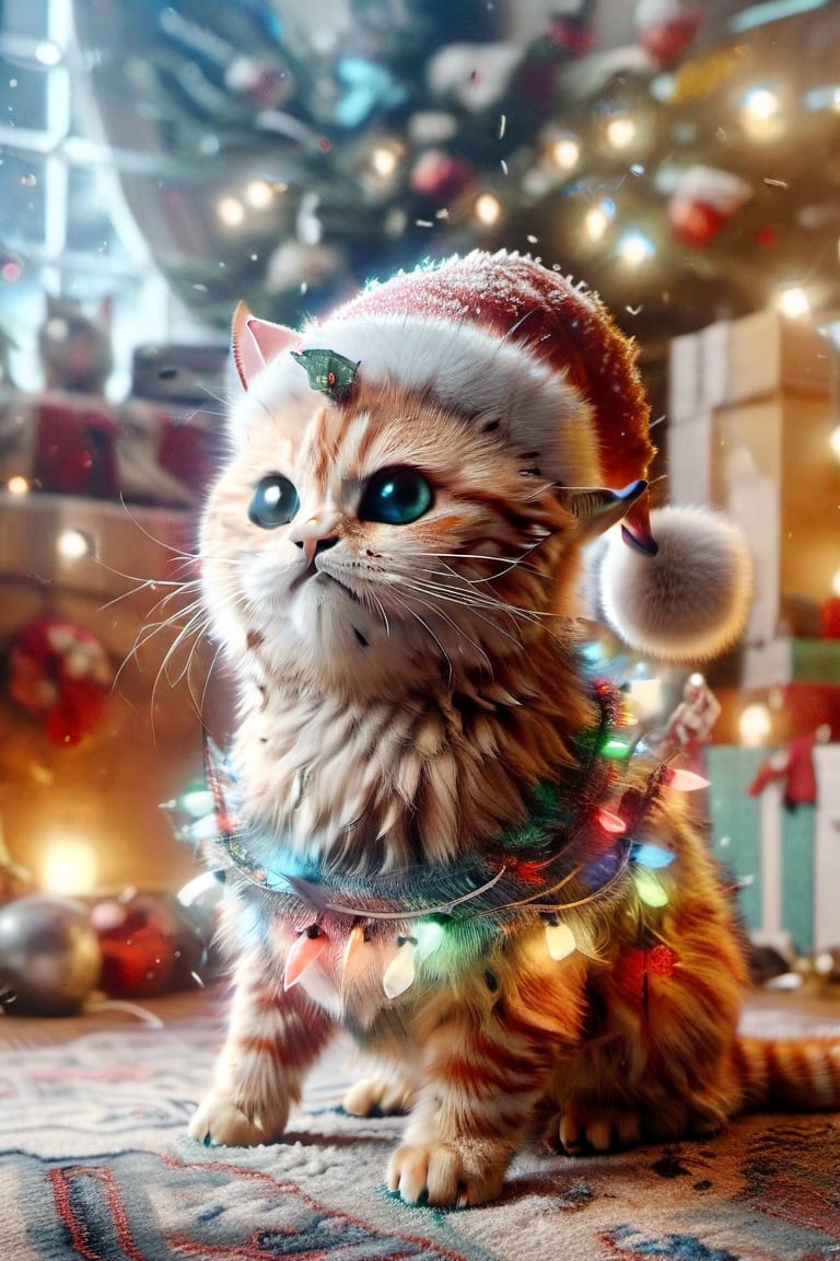 Beautiful bengal cat relaxing in cozy bedroom listening to music, soft lighting, sharp focus, glitter in the air,(headphones on)wearing a  Santa Costume Bodysuit, lots of music Notes, bokeh, highly detailed, by Artgerm, trending on artstation, kawaii, intricate, iridescent, watercolor painting,ral-chrcrts,girl,moonster,aw0k cat