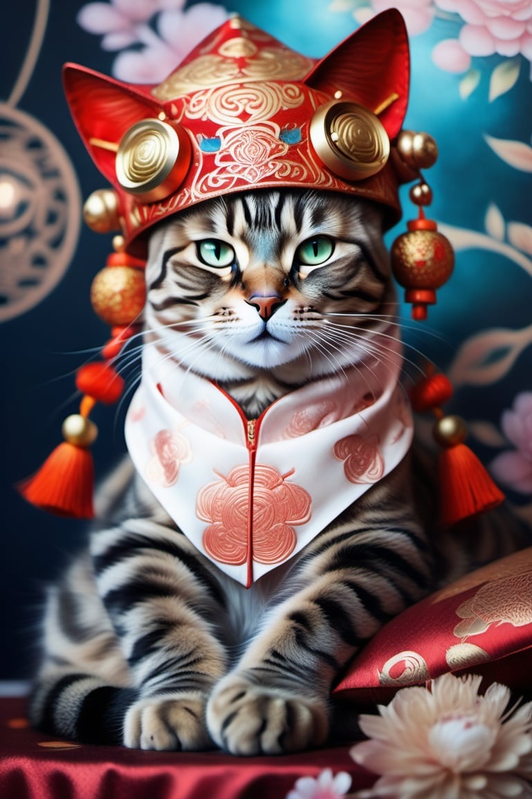 Beautiful bengal cat relaxing in cozy bedroom listening to music, soft lighting, sharp focus, glitter in the air,(chinese hat on)wearing a  chinese Costume Bodysuit,chinese gloves hands, bokeh, highly detailed, by Artgerm, trending on artstation, kawaii, intricate, iridescent, watercolor painting,ral-chrcrts,girl,moonster,aw0k cat,Chinese Dragon,Chinese red