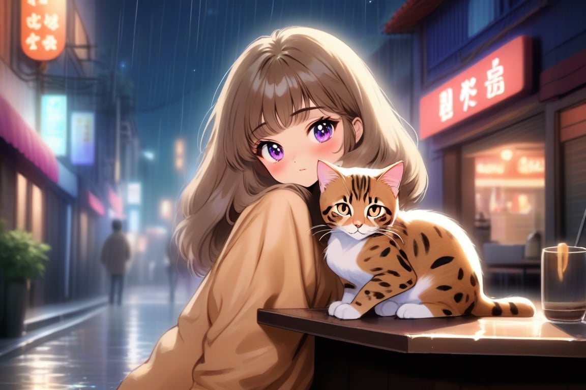 ( beautiful mid hair nice eyes korean girl )with(  cute little small leopard print bengal cat) relaxing mid night lounge bar with Neon Sign raining street view listening to music, candle on table soft candle lighting, sharp focus, glitter in the air, bokeh, highly detailed, by Artgerm, trending on artstation, kawaii, intricate, iridescent, cinematic  moviemaker modern style ,soakingwetclothes,ais-acrylicz,covered with ais-acrylicz