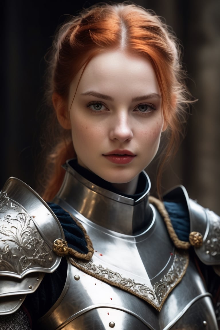 afemale knight, confident, smirk, pale skin, sexy, beauty, glare, the knight armor and her face are full of blood , masterpice, detailed, realistic, real, intricate, proffesional, 4K, ((by Anne Bachelier))